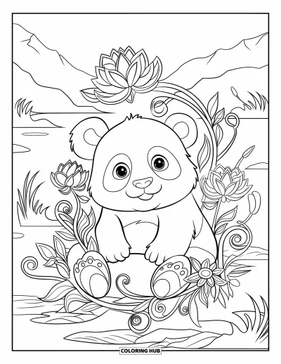 Målarbild med panda för vuxna: En panda sitter bland slingrande rankor och blommande lotusblommor vid en stilla damm