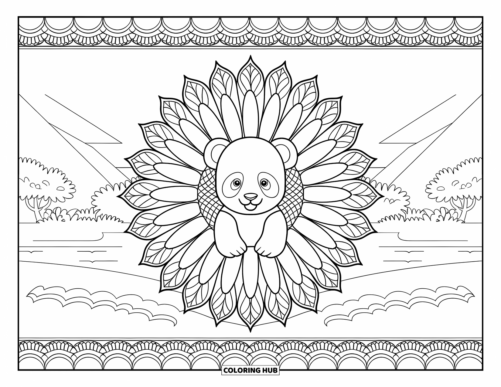 Baby Panda Coloring Page for Adults: A panda sits in a sunflower mandala with mountains, trees, and water in the background