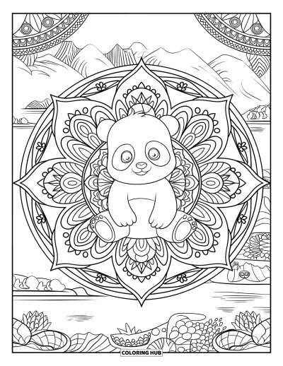 Målarbild med panda för vuxna: En panda sitter i mitten av en blomstermandala med berg och träd bakom