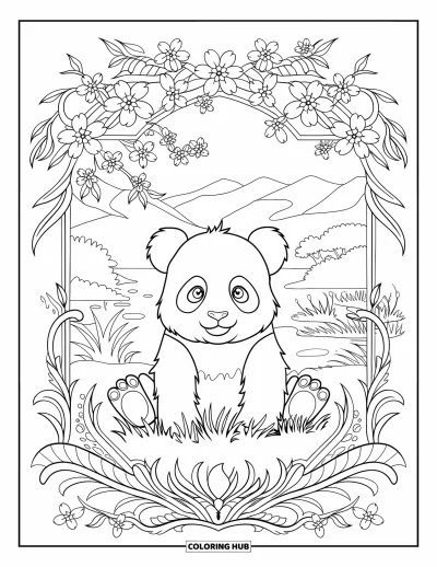 Målarbild med panda för vuxna: En panda sitter omgiven av körsbärsblommor och ett detaljerat berg- och vattenlandskap