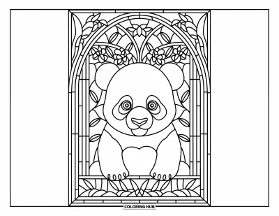 Målarbild med panda för vuxna: En panda sitter i en glasmålningsram fylld med orkidéer och bambu