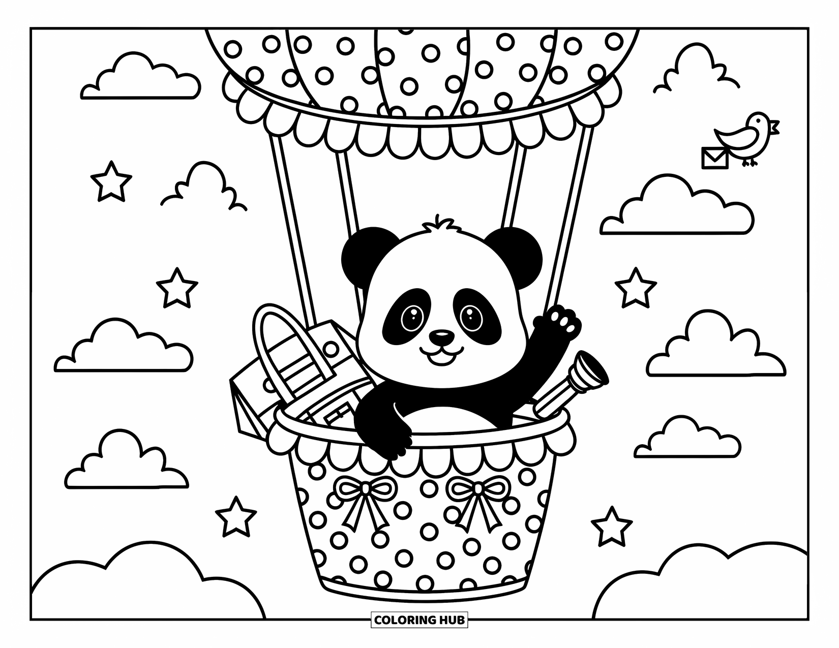 Baby Panda Coloring Page for Adults: A panda waves from a balloon basket filled with snacks, maps, and a sky full of stars