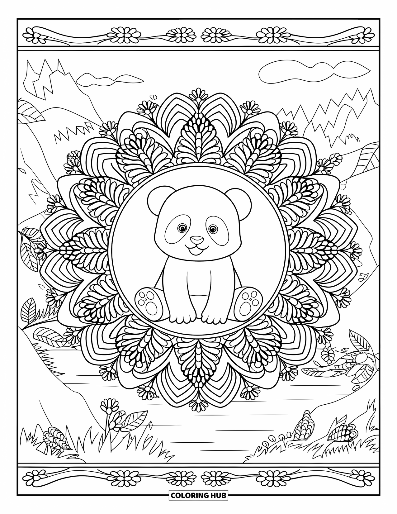 Baby Panda Coloring Page for Adults: A peaceful panda rests inside a floral mandala surrounded by nature and a mountain lake