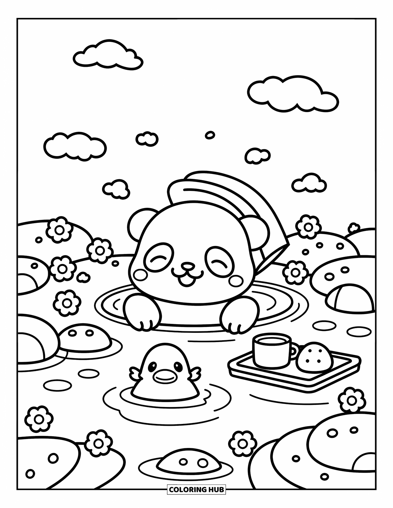 Baby Panda Coloring Page for Adults: A towel-wrapped panda floats in a cozy hot spring with mochi and a duck toy