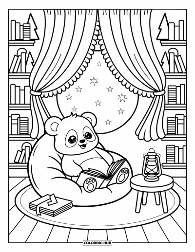 Målarbild med panda för vuxna: I ett skogsbibliotek läser pandan under glödande ljus och stjärnfyllda fönster
