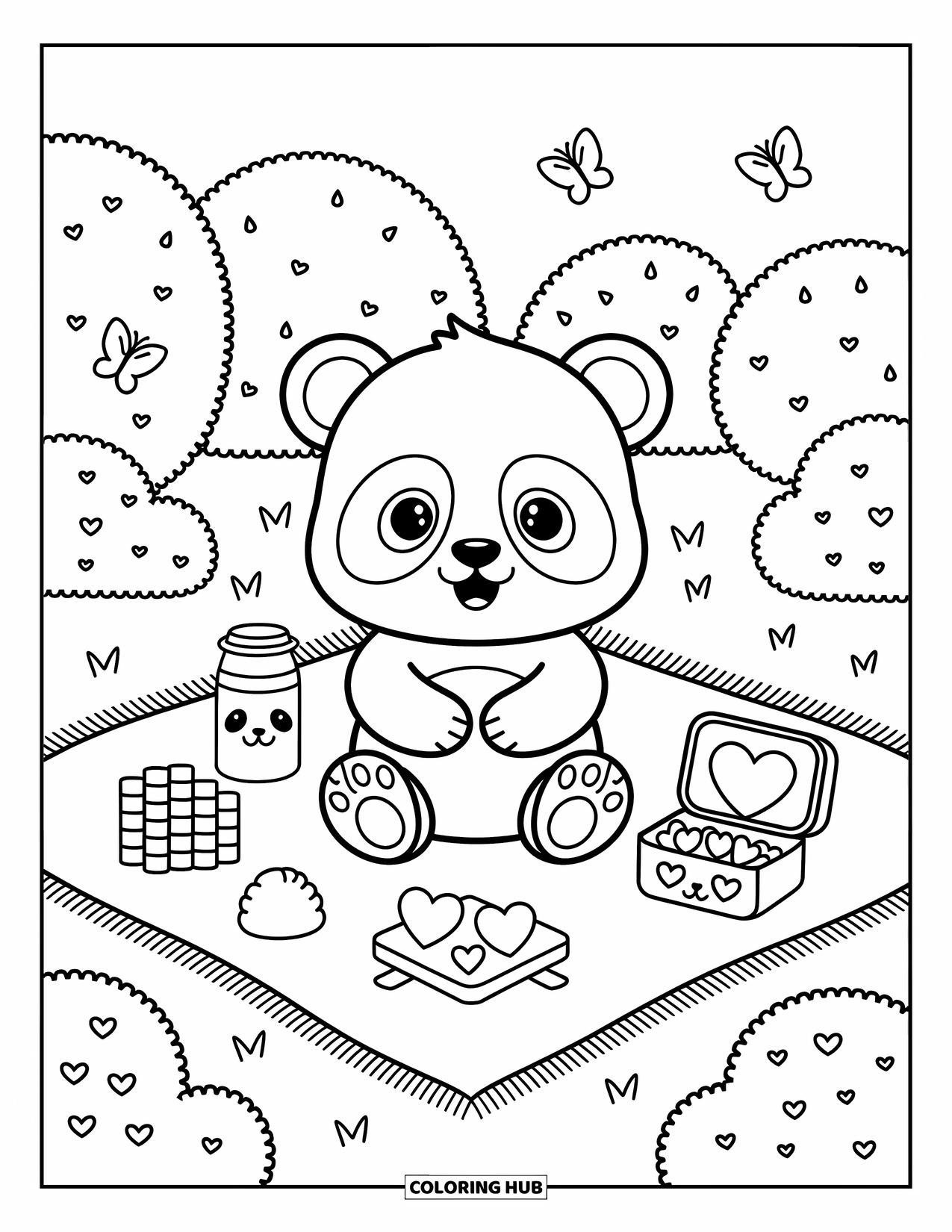 Baby Panda Coloring Page for Adults: The baby panda sits on a blanket with heart-shaped treats and fluttering butterflies