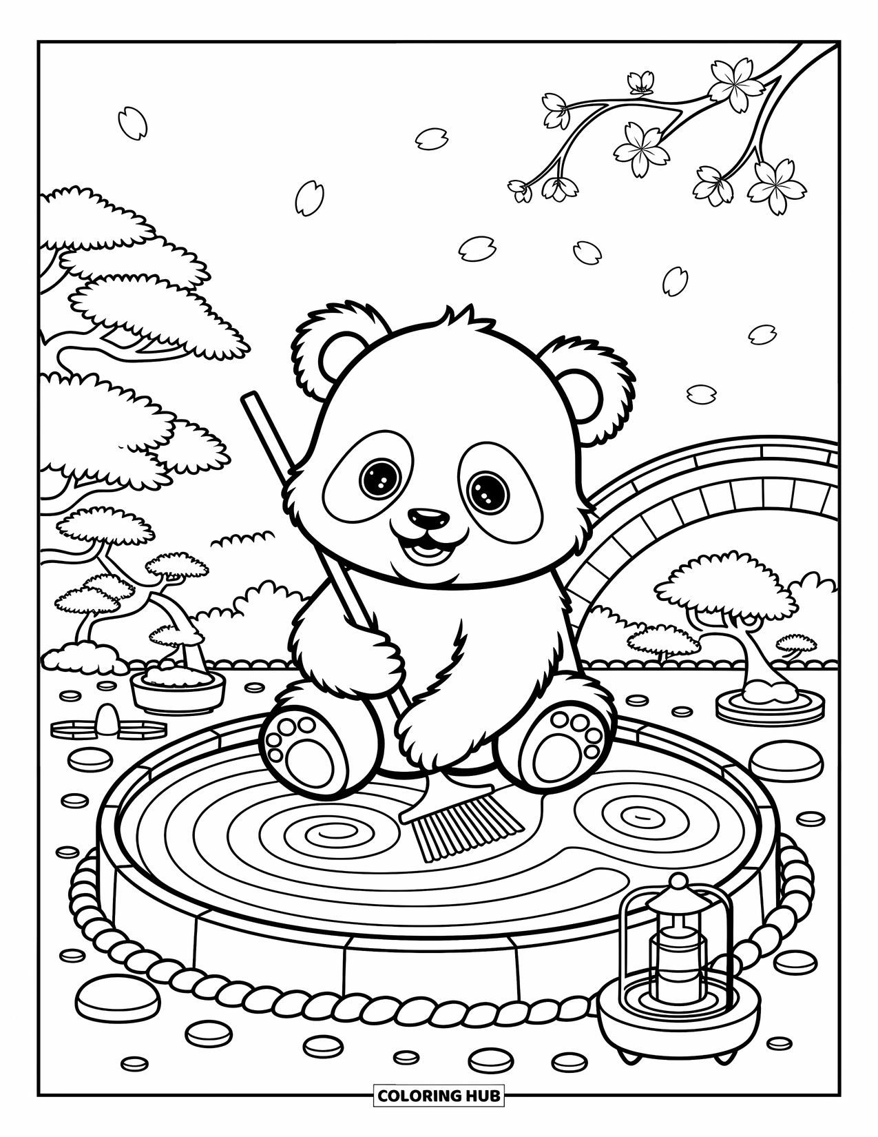 Baby Panda Coloring Page for Adults: The panda creates swirls in a tiny zen garden with bonsai, pebbles, and blossoms