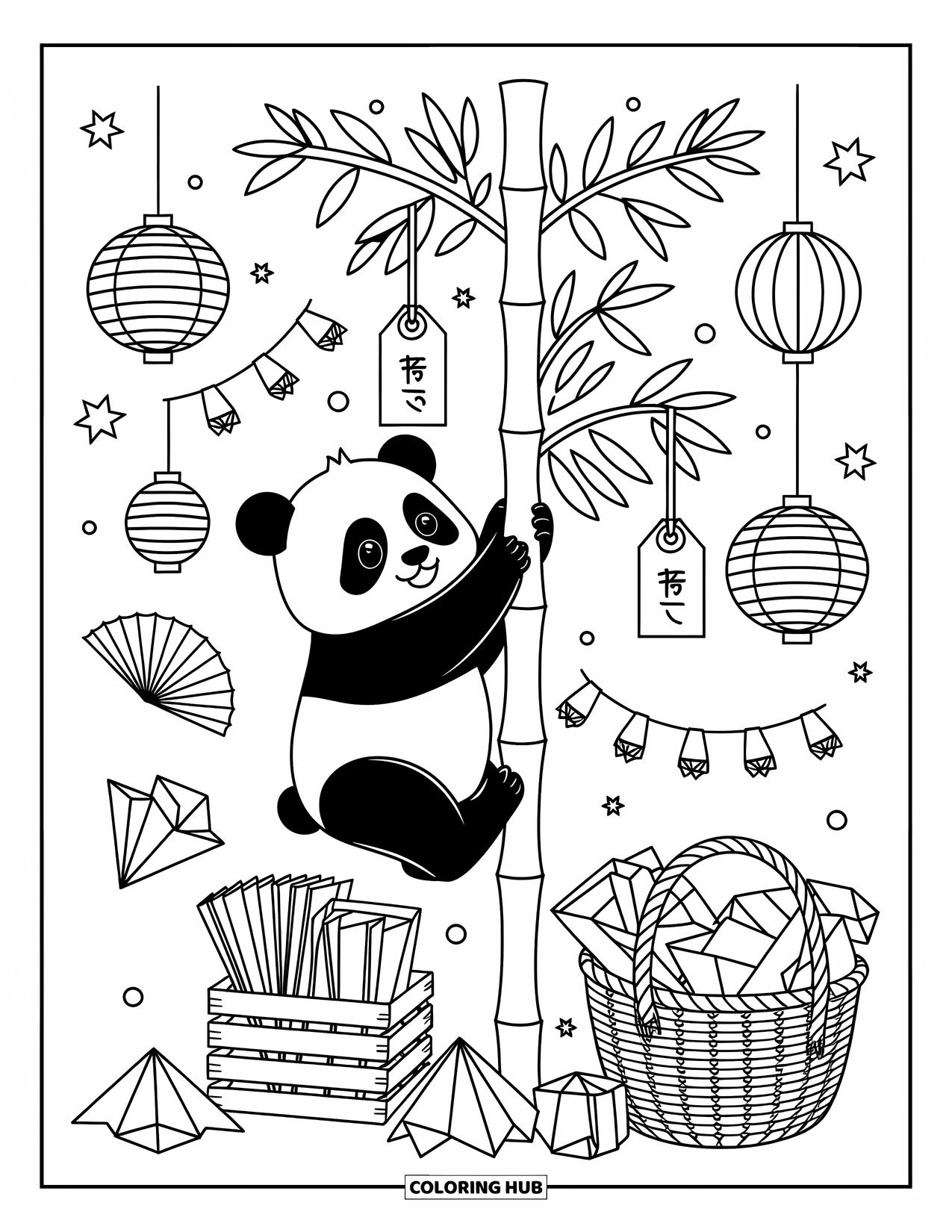 Baby Panda Coloring Page for Adults: The panda hangs ornaments on bamboo, surrounded by fans, streamers, and origami decorations