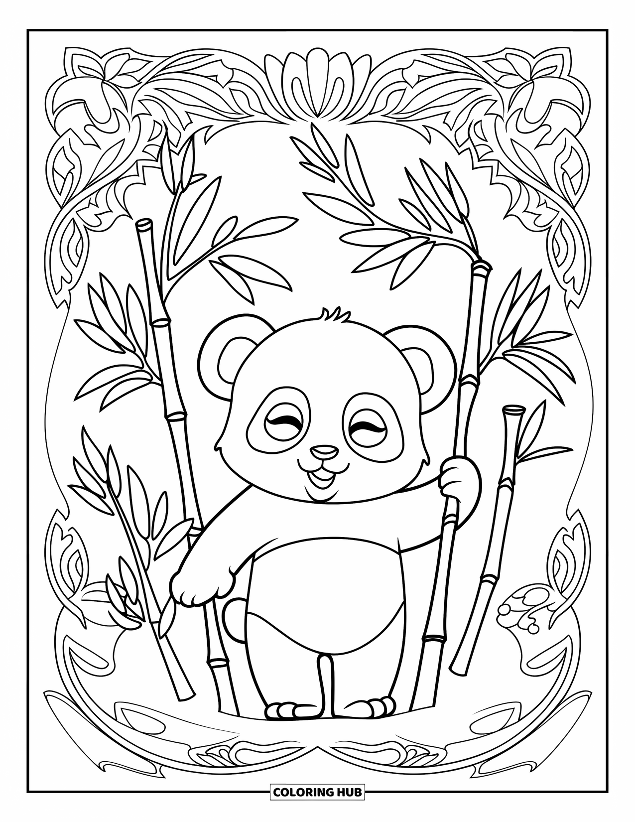 Baby Panda Coloring Page for Adults: The panda holds bamboo gently, surrounded by floral patterns and peaceful details
