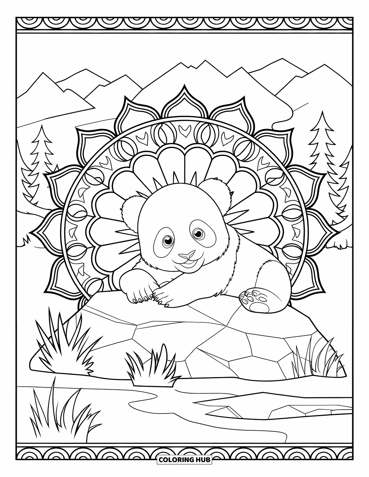 Baby Panda Coloring Page for Adults: The panda lies on a rock with layered mandalas and a decorative border around it