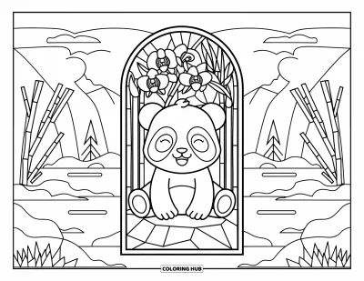 Målarbild med panda för vuxna: Pandan tar en tupplur på en sten inramad av glasmålning, berg och stilla vatten