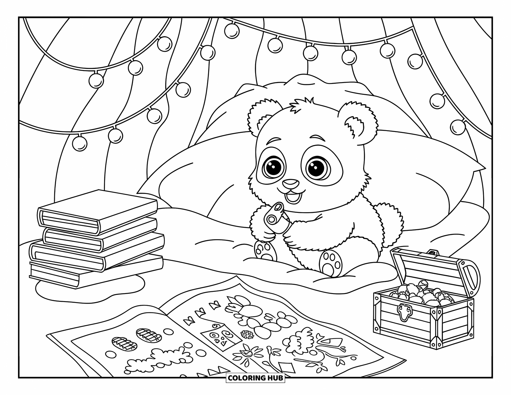 Baby Panda Coloring Page for Adults: The panda peeks from a blanket cave with snacks, treasure maps, and soft glowing lights