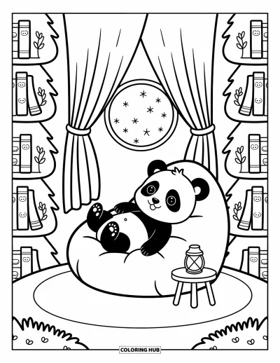Målarbild med panda för vuxna: Pandan läser på en sittpuff i ett trädformat bibliotek med varmt ljus och stjärnor