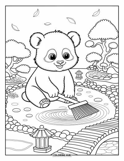 Målarbild med panda för vuxna: Pandan kopplar av i en trädgård och ritar virvlar i sand nära en bro och kronblad