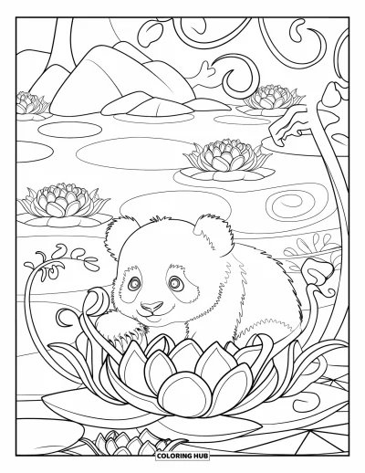 Målarbild med panda för vuxna: Pandan vilar i lotusblommor bredvid en fridfull sjö och stenig strand