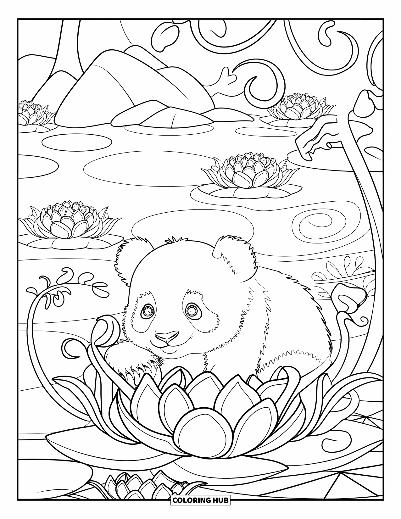 Baby Panda Coloring Page for Adults: The panda rests in lotus flowers beside a peaceful lake and rocky shore