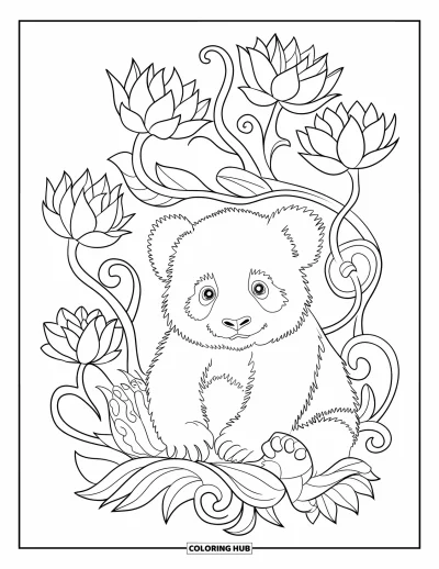 Målarbild med panda för vuxna: Pandan vilar i lotusrankor med tydliga konturer och en öppen, fridfull bakgrund