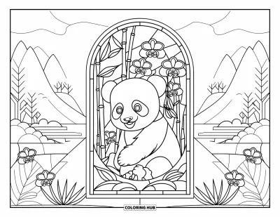 Målarbild med panda för vuxna: Pandan vilar i glasmålning med orkidéer, bambu, berg och en stilla sjöutsikt