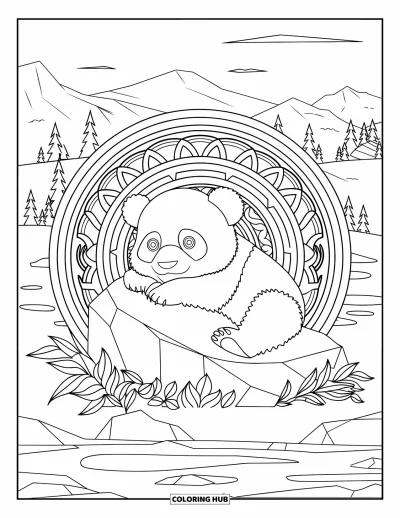 Målarbild med panda för vuxna: Pandan vilar på en sten med mandalor och en lugn bergsutsikt bakom