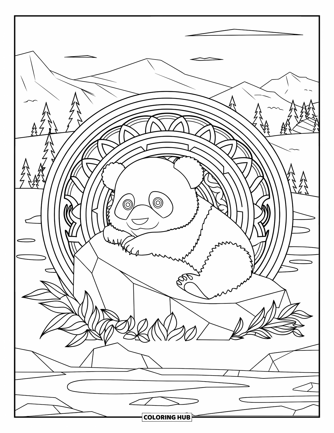 Baby Panda Coloring Page for Adults: The panda rests on a rock with mandalas and a calm mountain view behind