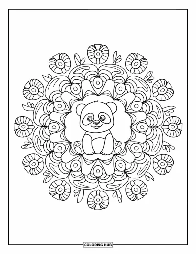 Målarbild med panda för vuxna: Pandan sitter i en blomstermandala fylld med löv, rankor och stilla lugn