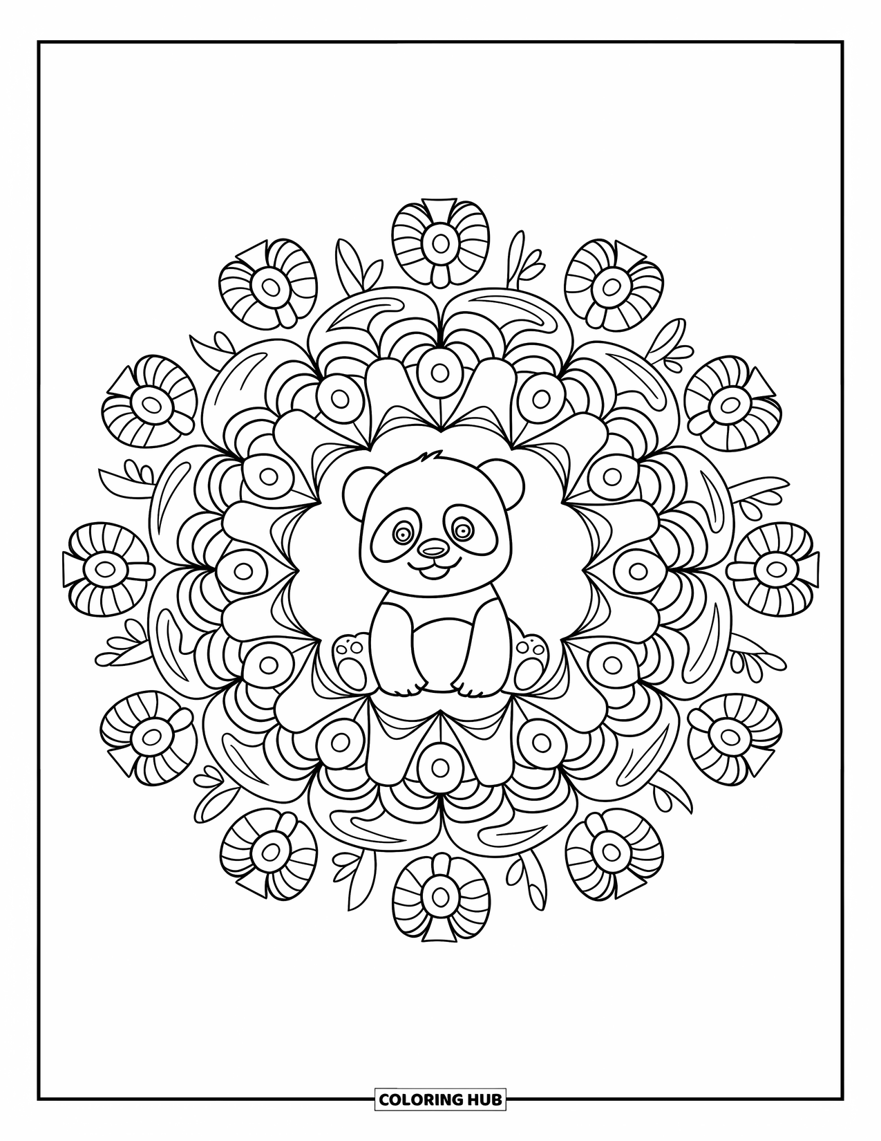 Baby Panda Coloring Page for Adults: The panda sits in a floral mandala filled with leaves, vines, and quiet calm