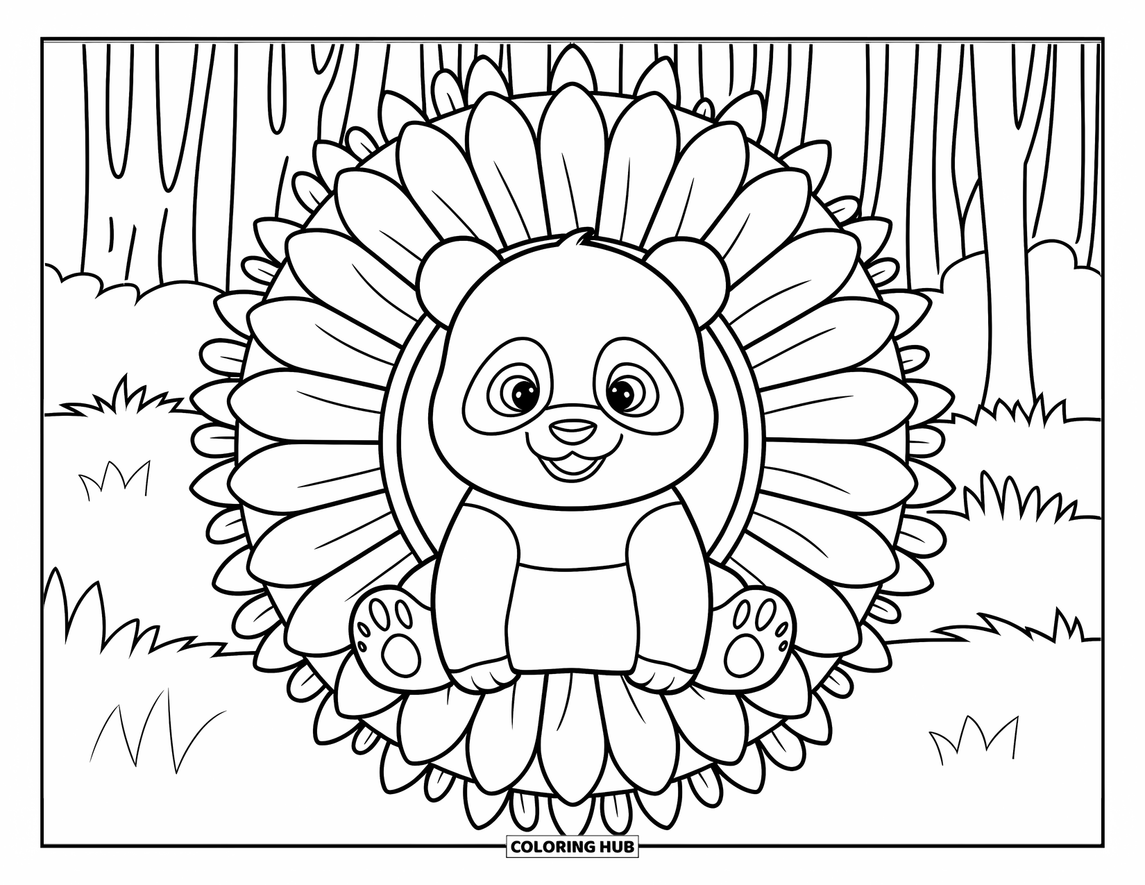 Baby Panda Coloring Page for Adults: The panda sits in a sunflower mandala surrounded by tall forest trees