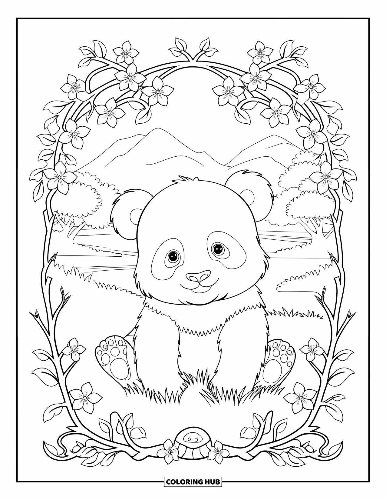 Baby Panda Coloring Page for Adults: The panda sits on grass, framed by cherry blossoms and a river flowing nearby