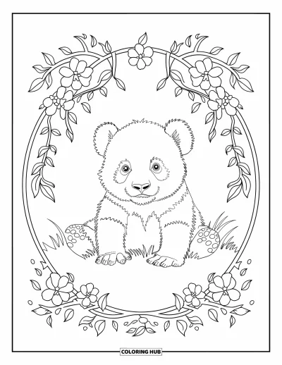 Målarbild med panda för vuxna: Pandan sitter på gräs i en körsbärsblomstram med en enkel, fridfull design