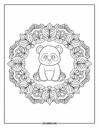 Målarbild med panda för vuxna: Pandan sitter stilla inuti en blomstermandala fylld med blommor och löv