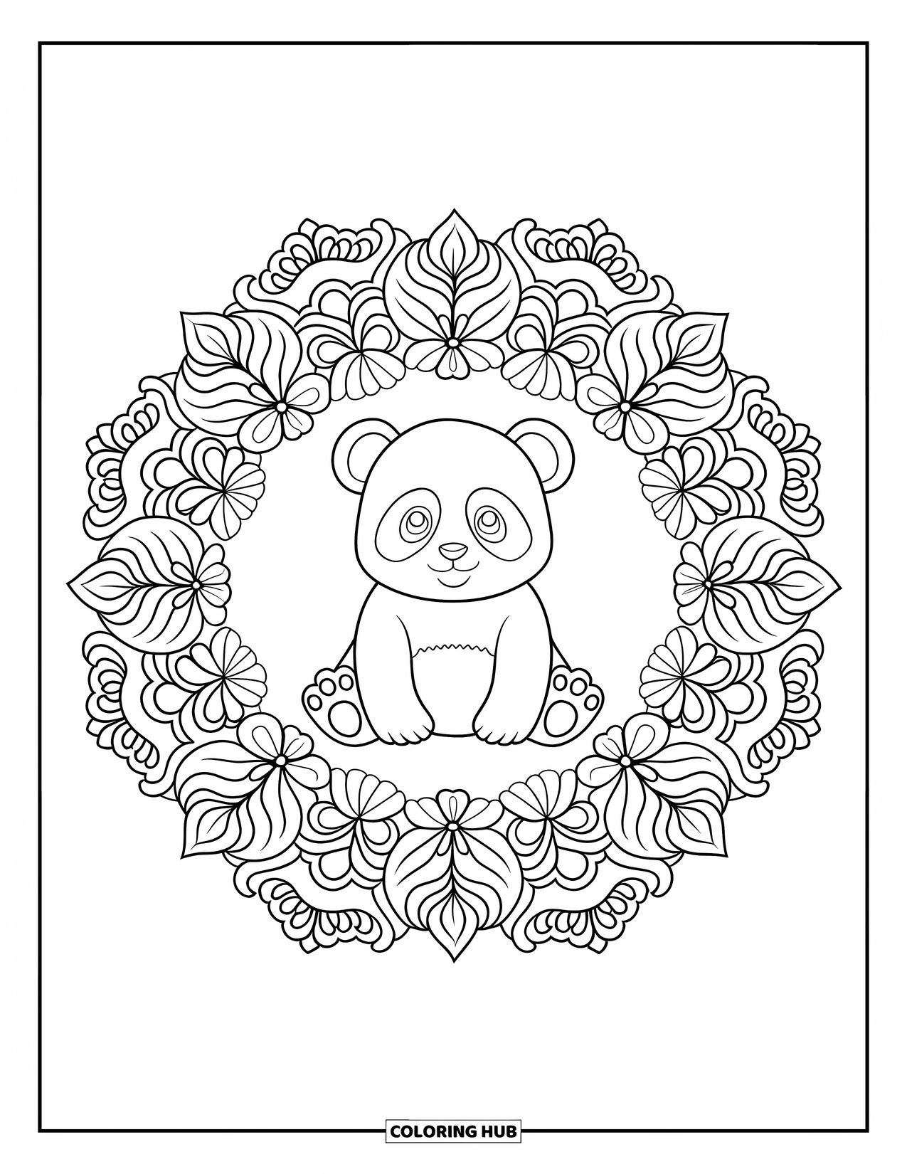 Baby Panda Coloring Page for Adults: The panda sits quietly inside a floral mandala filled with flowers and leaves