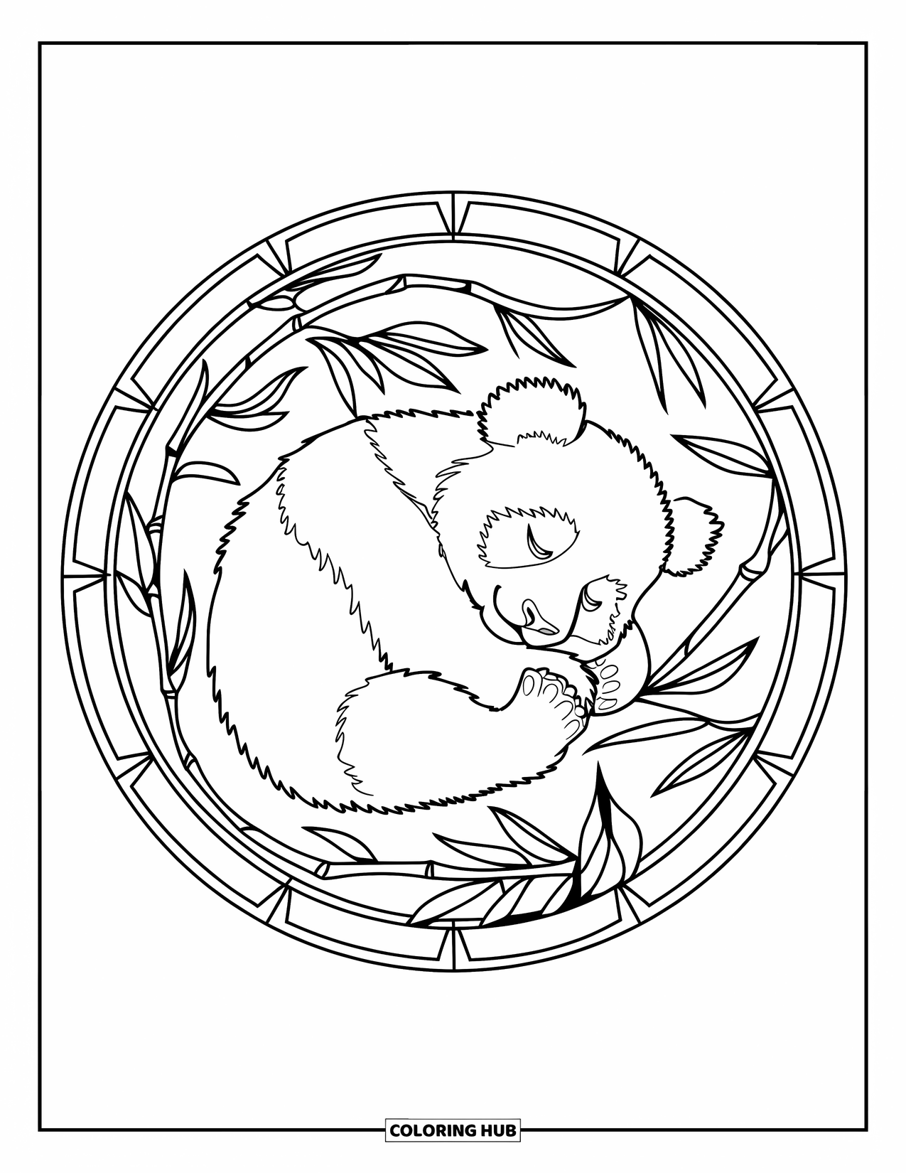 Baby Panda Coloring Page for Adults: The panda sleeps inside a circular stained glass frame with a calm white background