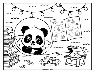 Målarbild med panda för vuxna: Pandan kryper ihop i ett bokfyllt fort med glödande ljus och en skattekartaklotter