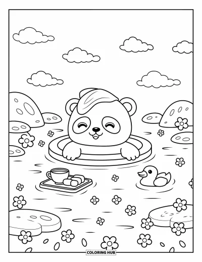 Målarbild med panda för vuxna: Pandan blöter i en varm källa med snacks och blommor som flyter förbi