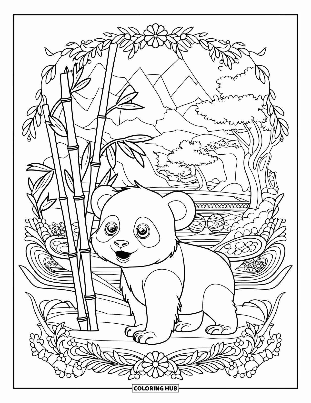 Baby Panda Coloring Page for Adults: The panda stands by bamboo with flowers, trees, and a mountain river view