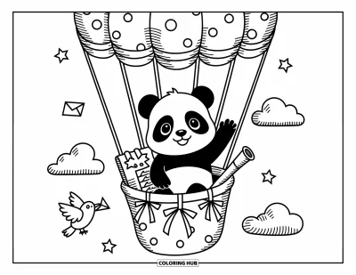 Målarbild med panda för vuxna: Med en tass vinkande flyter en liten panda förbi moln, stjärnor och en fågel med post