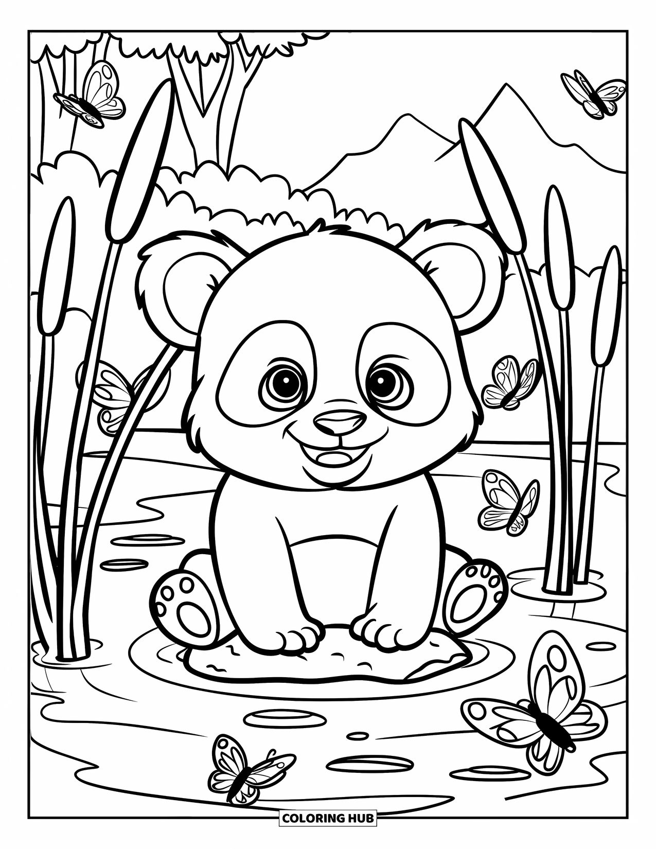 Baby Panda Coloring Page for Kids: Baby panda rests by a pond with reeds, butterflies, trees, and mountain backdrop
