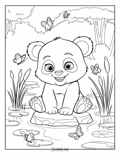 Målarbild med panda för barn: En liten panda sitter på en sten i en damm omgiven av vass, fjärilar och frodig skog