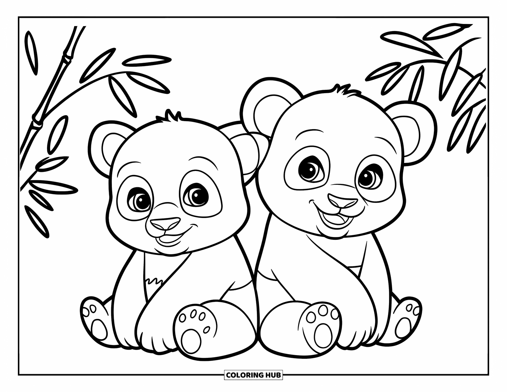 Baby Panda Coloring Page for Kids: Cute pandas rest back-to-back beside soft bamboo leaves