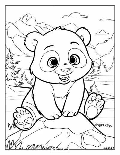 Målarbild med panda för barn: En panda balanserar på en sten i en fridfull bergskog