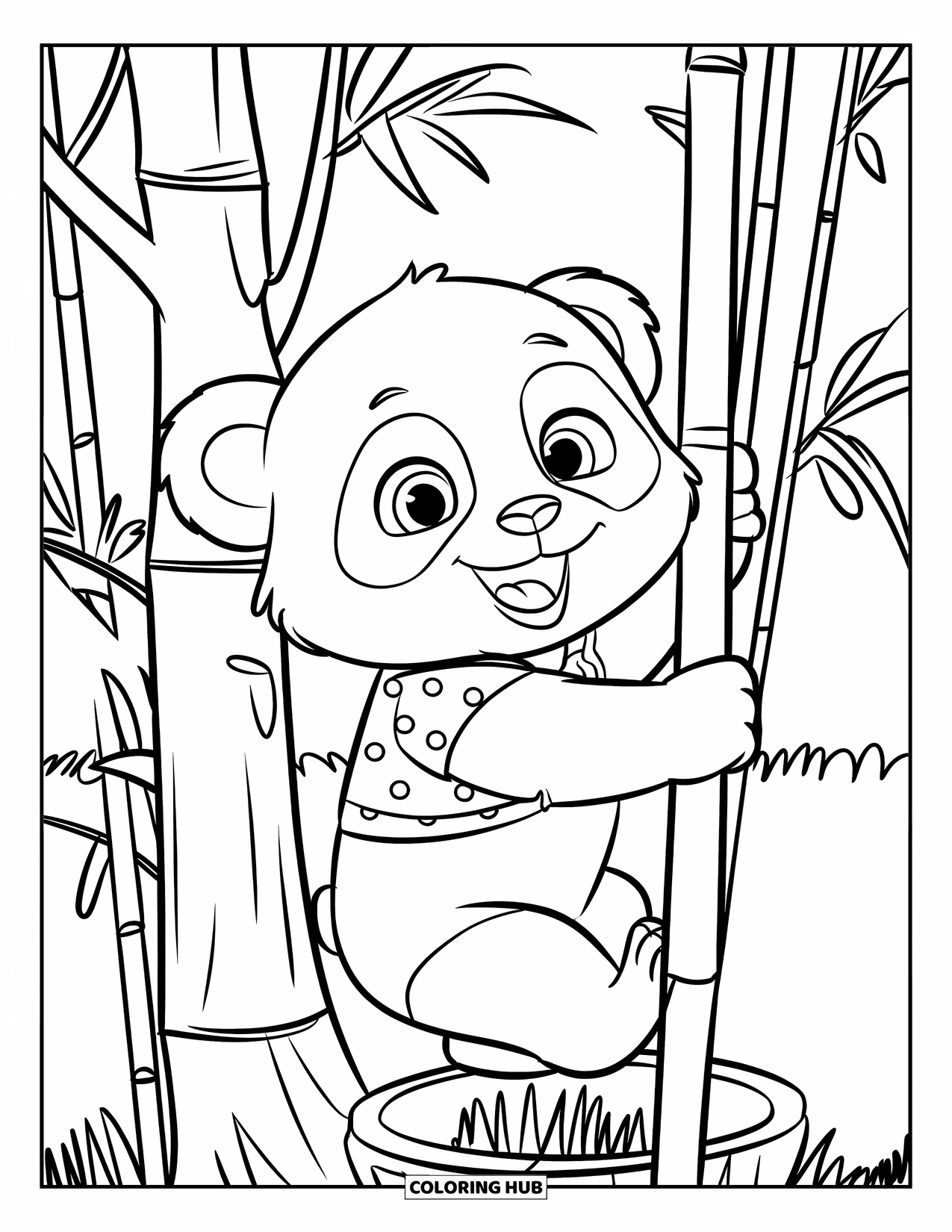 Baby Panda Coloring Page for Kids: Panda climbing tree with bamboo, polka-dot shirt, and decorative bowl nearby