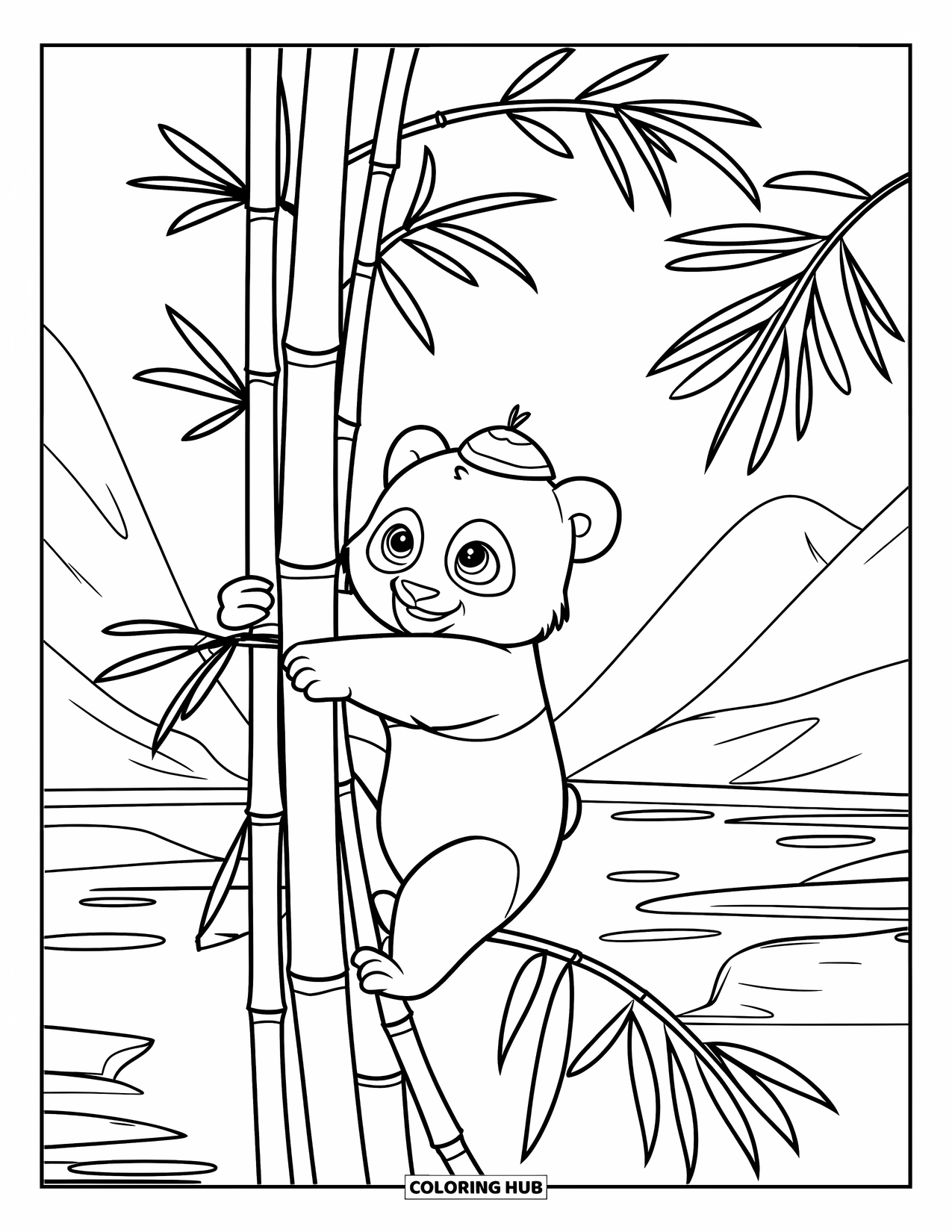 Baby Panda Coloring Page for Kids: Panda climbs a bamboo tree wearing a tiny hat with mountains and water in view