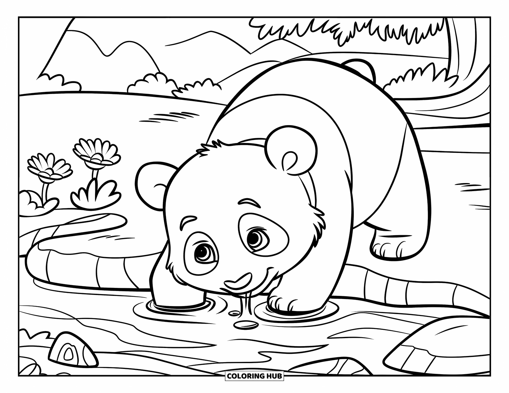 Baby Panda Coloring Page for Kids: Panda drinks beside flowers in a peaceful mountain stream