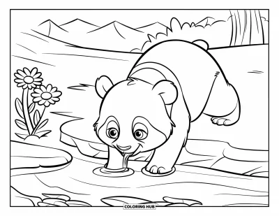 Målarbild med panda för barn: En panda dricker ur en bäck med berg och blommor i närheten