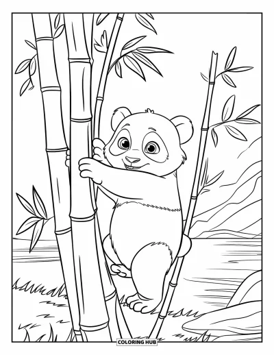 Målarbild med panda för barn: En panda halvvägs upp i ett bambuträd, håller en gren med berg och sjö bakom