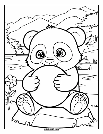 Målarbild med panda för barn: En panda med boll sitter på en sten, en blomma intill, med vatten och kullar nära