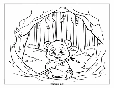 Målarbild med panda för barn: En panda håller bambu i en grotta med utsikt över skogen och lövtäckt mark