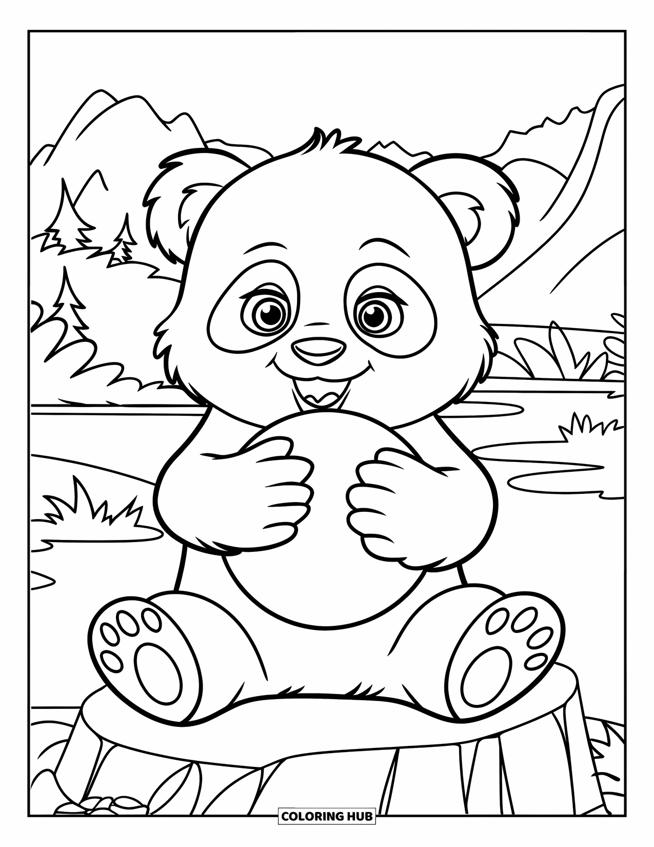 Baby Panda Coloring Page for Kids: Panda holds a round ball on a rock with mountains, trees, and lake in background