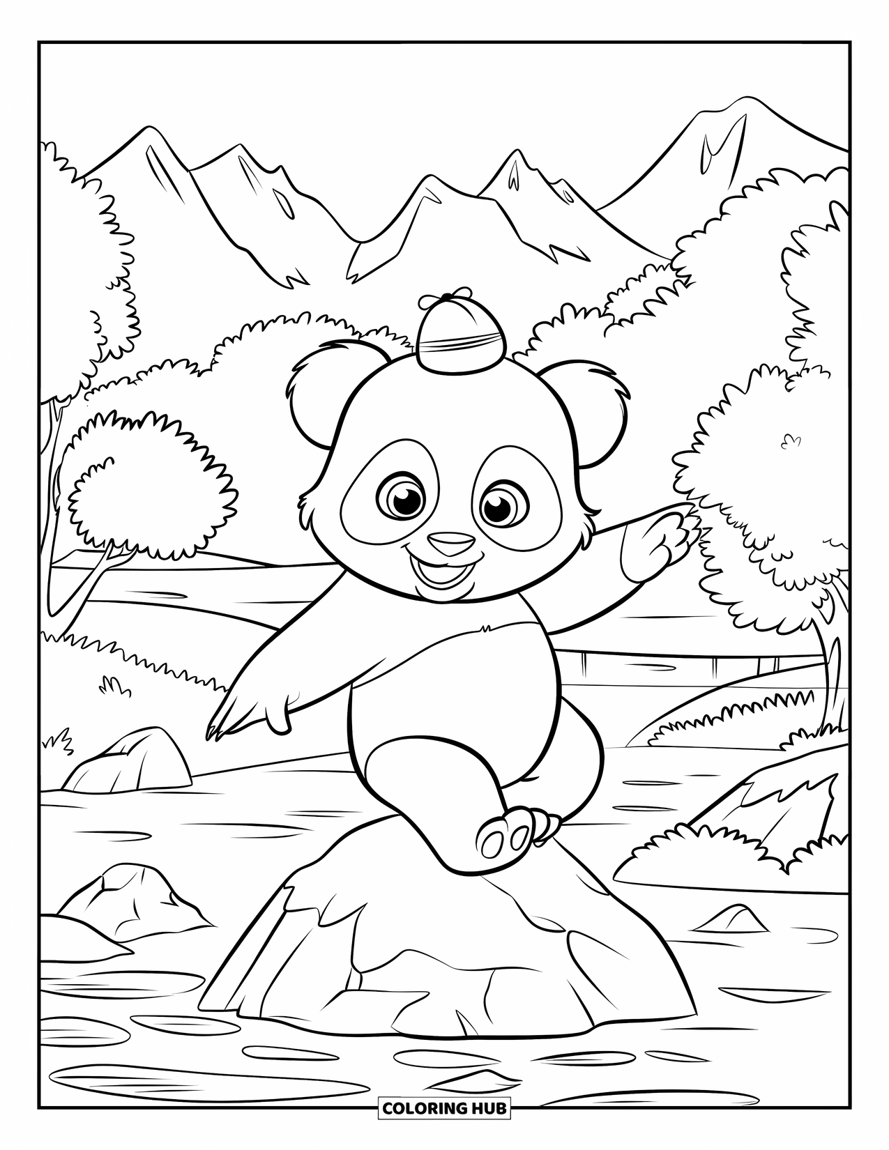 Baby Panda Coloring Page for Kids: Panda in tiny hat sits by water in a mountain forest