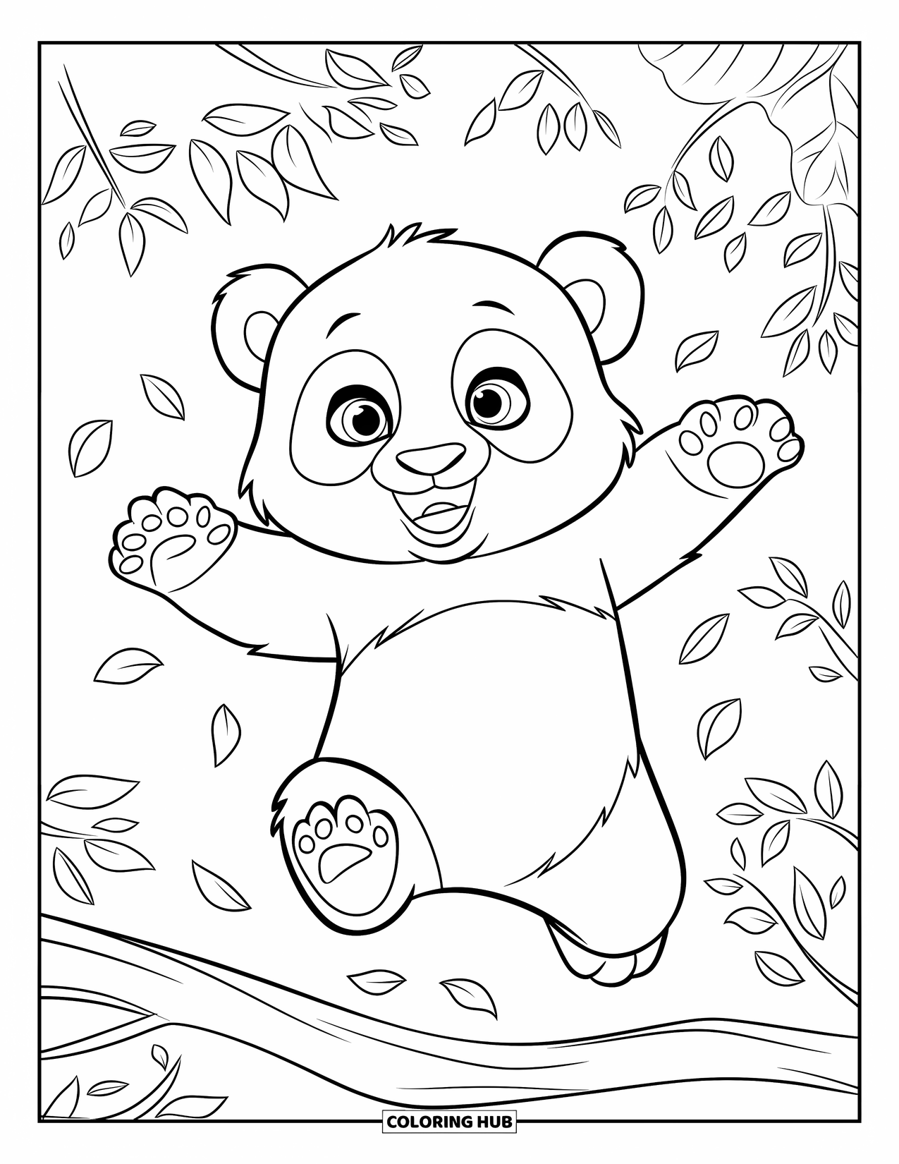 Baby Panda Coloring Page for Kids: Panda jumps between branches with leaves flying all around